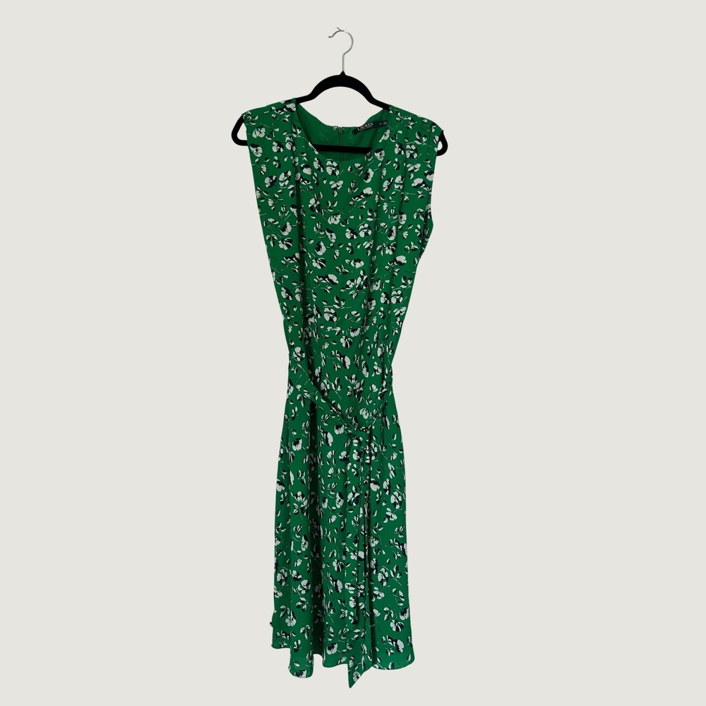 Lauren Ralph Lauren Floral Midi Dress Womens 10 Green Sleeveless Fit & Flare